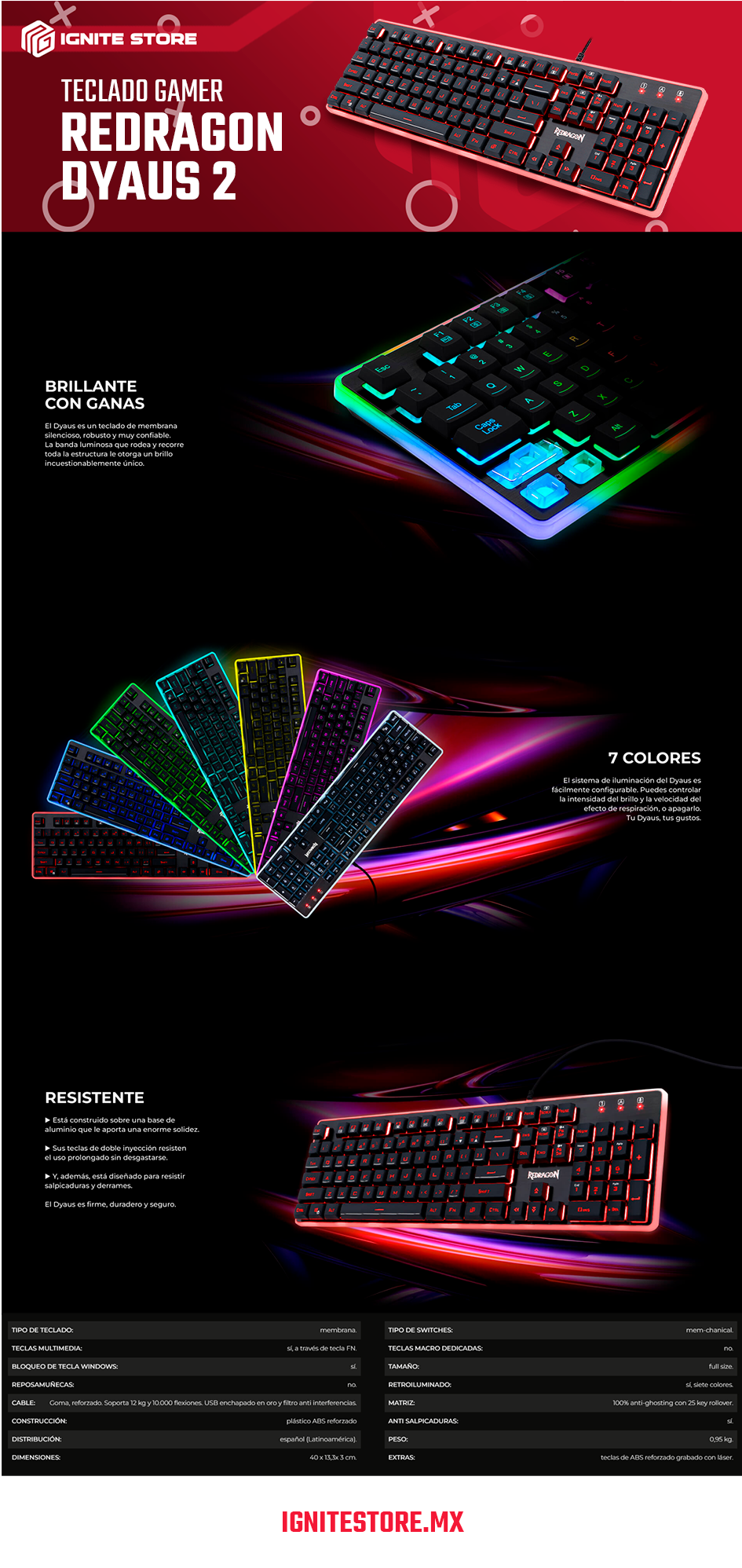 Teclado Gamer Redragon Dyaus 2 - Botones Multimedia - Membrana - Alámbrico - Español - LED Multicolor - K509RGB-SP