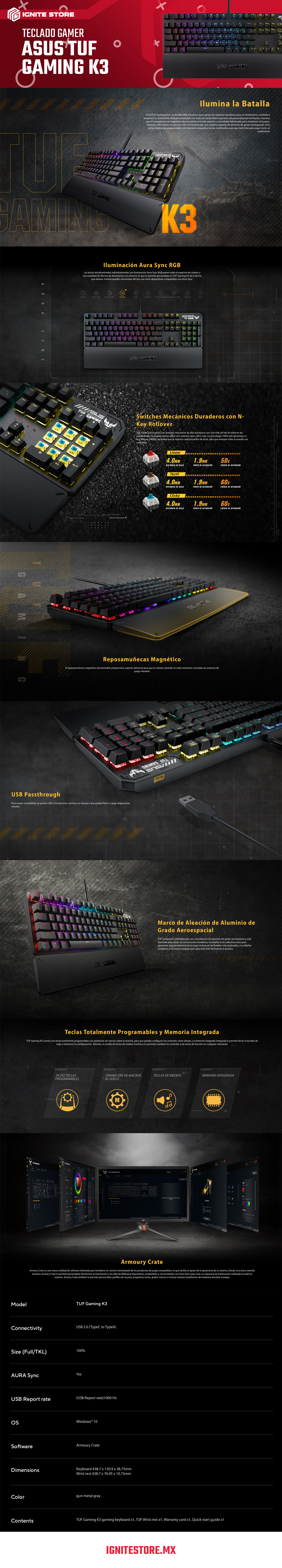 Teclado Gamer Asus TUF Gaming K3 - Mecánico - Con Reposamuñecas - Puerto USB 2.0 - Alámbrico - Negro - RGB