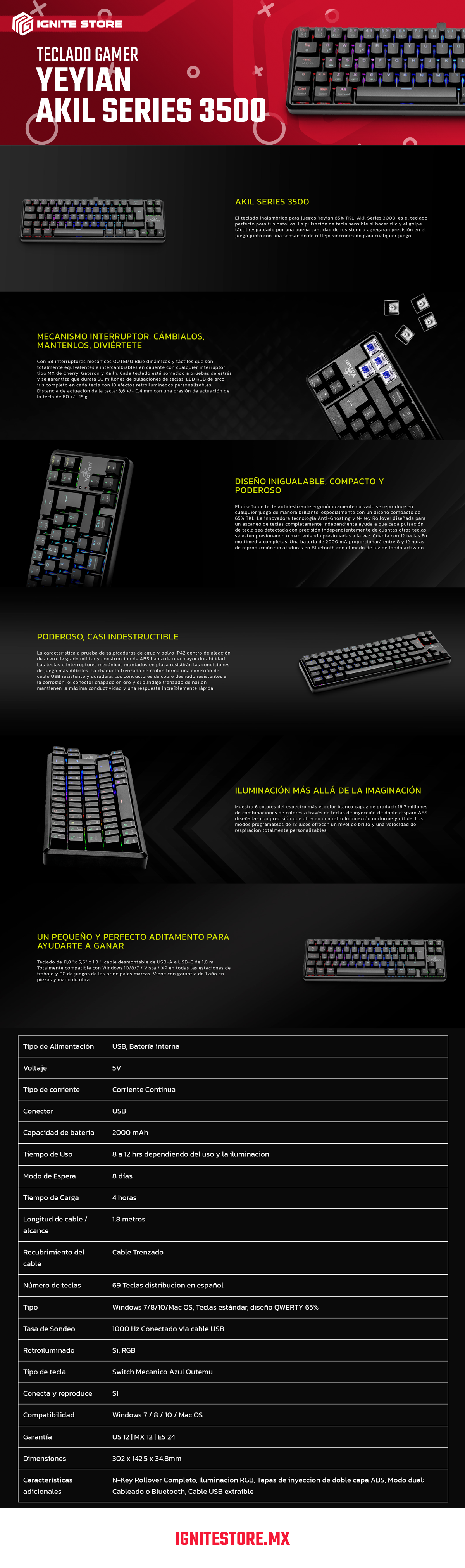 Teclado Gamer Bluetooth Yeyian Akil Series 3500 - Mecánico - Switch Azul - 65% TKL - Negro - LED RGB - YTM-28210B