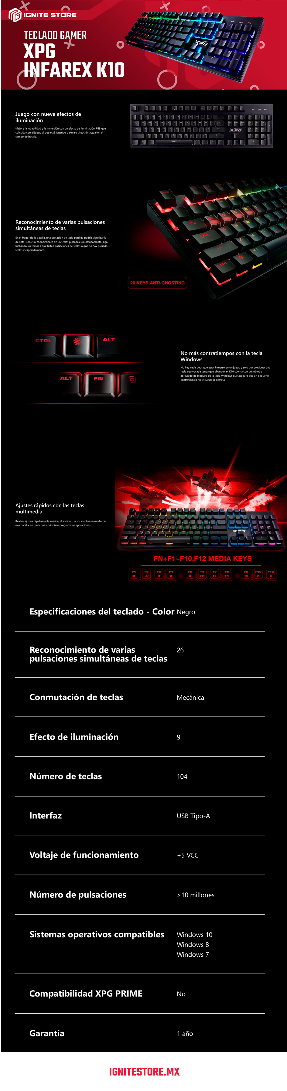 Teclado Gamer Adata XPG Infarex K10 - Membrana - Alámbrico - Anti-Ghosting - RGB