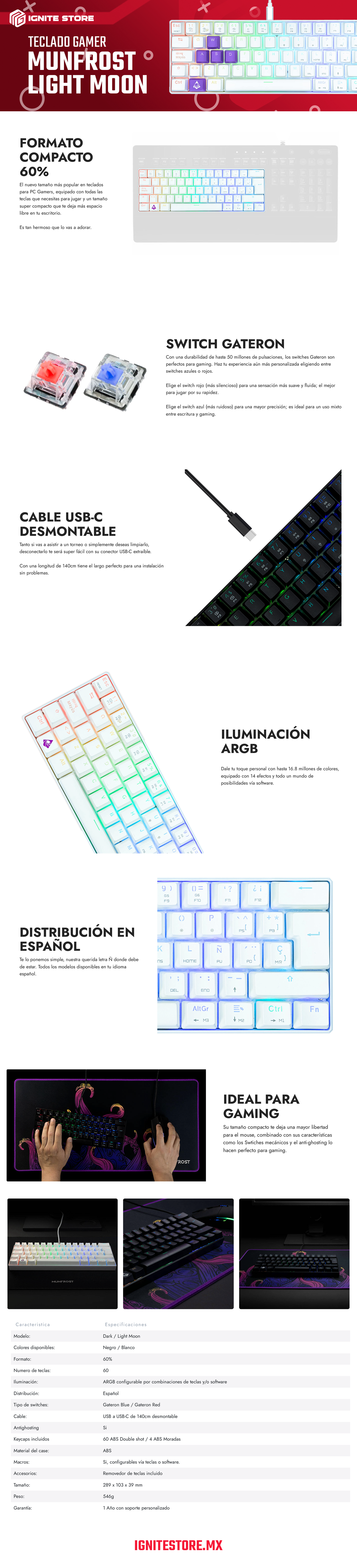 Teclado Gamer Munfrost Light Moon - Mecánico - Switch Gateron Azul - 60% - Alámbrico - Español - Blanco - ARGB