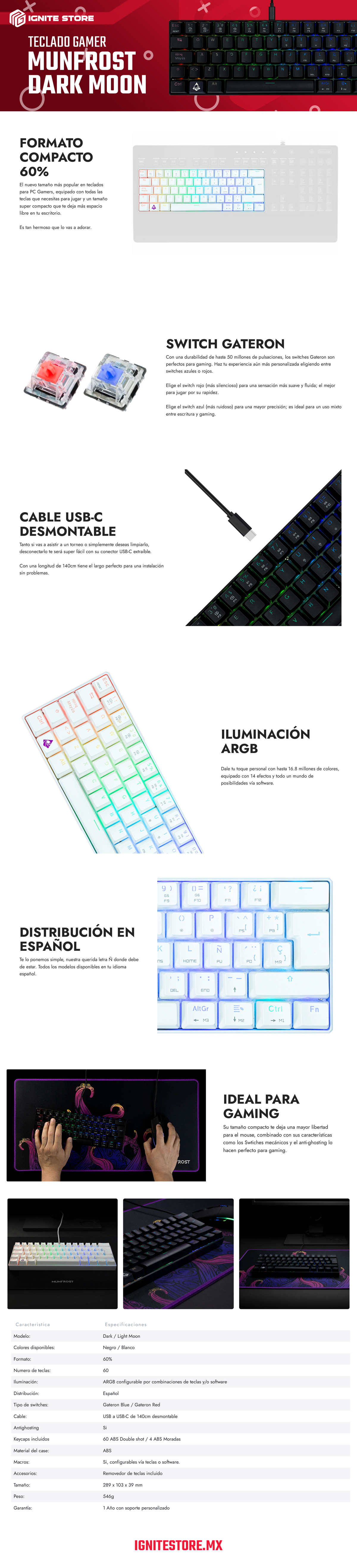 Teclado Gamer Munfrost Dark Moon - Mecánico - Switch Gateron Azul - 60% - Alámbrico - Español - Negro - ARGB