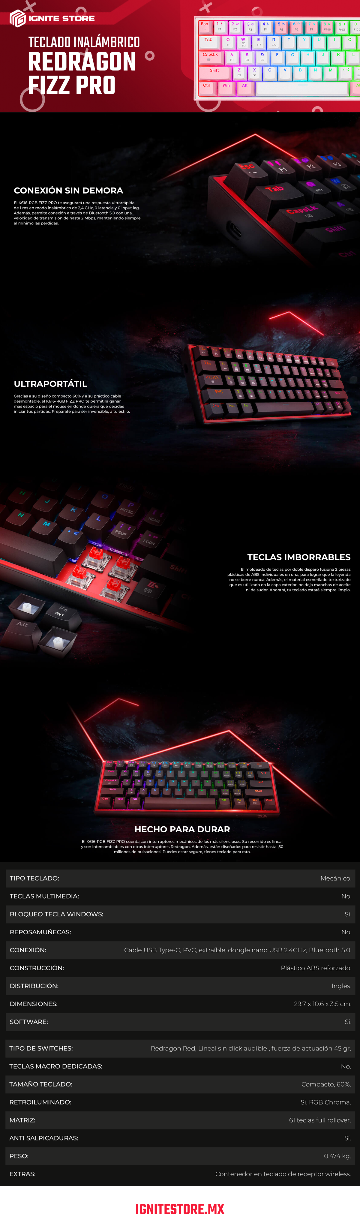 Teclado Gamer Inalámbrico Redragon Fizz Pro K616 - Mecánico - Switch Redragon Red - 60% - RGB Chroma - K616-RGB-W-P