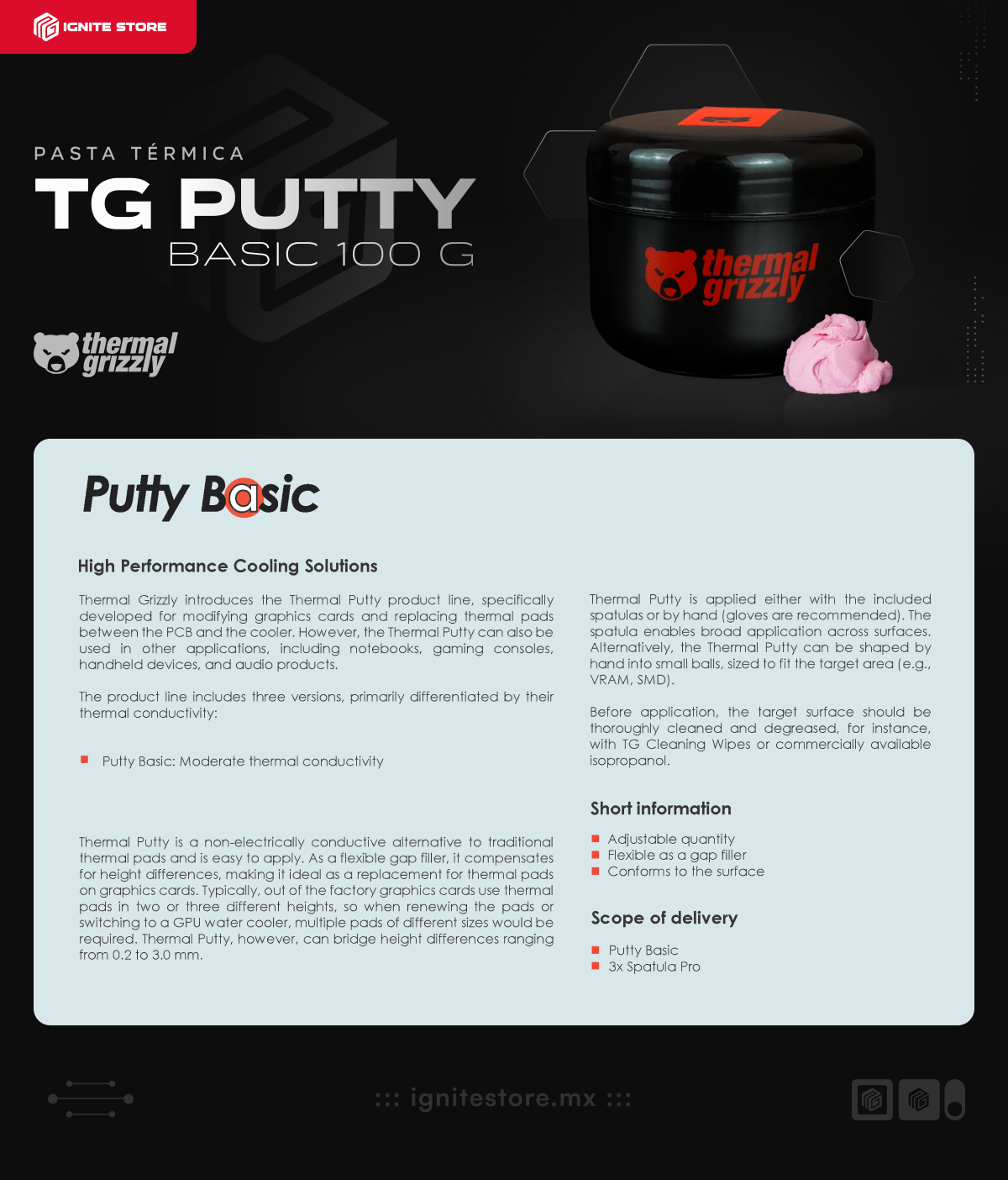 Pasta Térmica Thermal Grizzly TG Putty Basic | 100 g | -40°C a 120°C | Rosa Pastel | Alternativa a Thermal Pads | TG-P-B-100-R