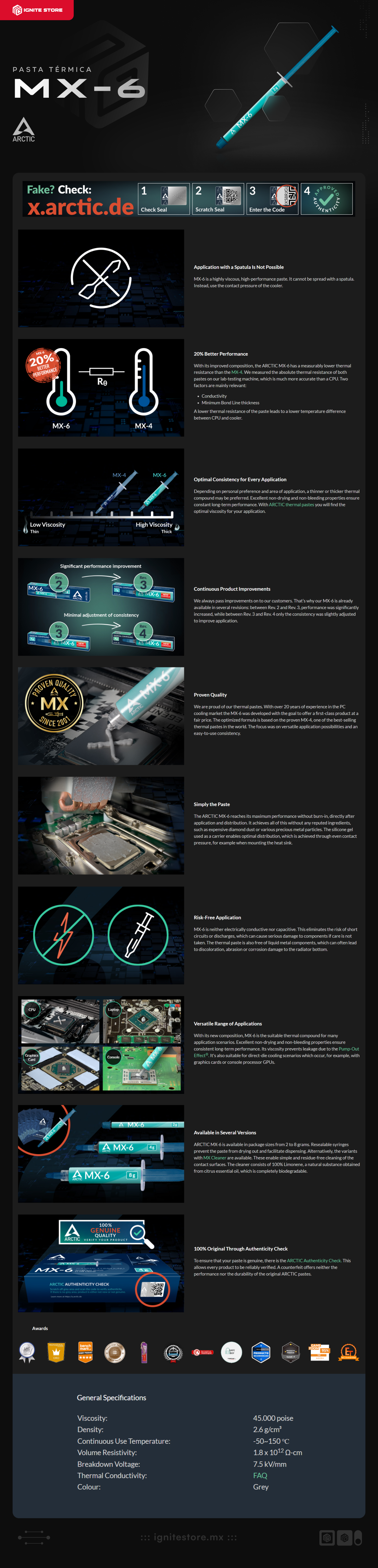 Pasta Térmica Arctic MX-6 | 2 g | -50 a +150°C | Gris | ACTCP00079A