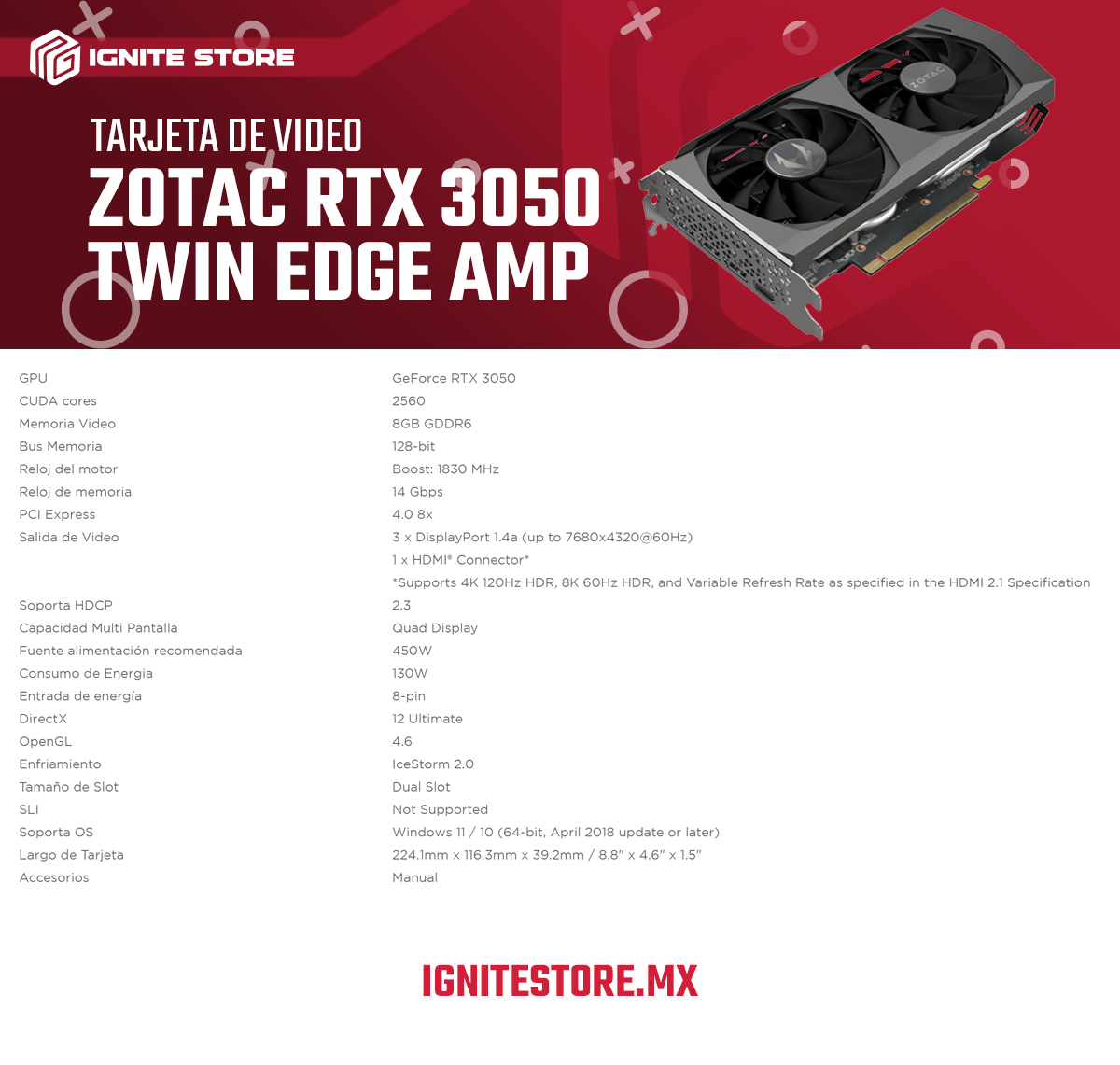 TARJETA DE VIDEO ZOTAC RTX 3050 TWIN EDGE AMP 8GB GDDR6 ZT-A30500F-10M