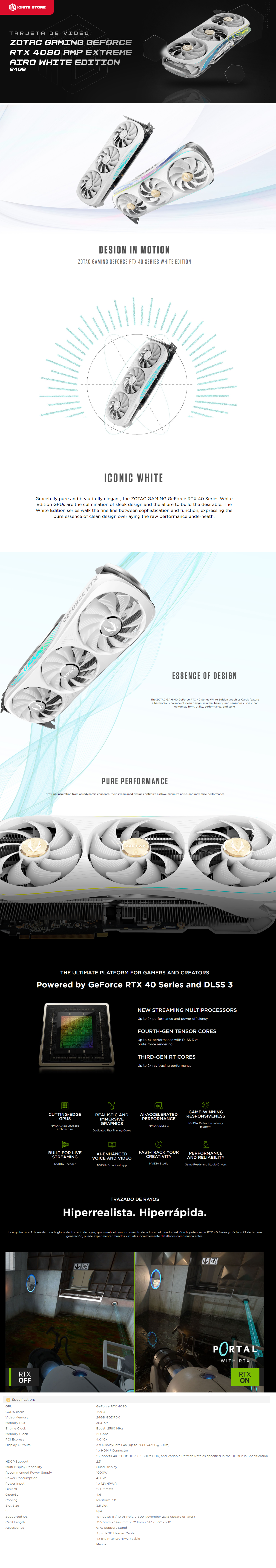 TARJETA DE VIDEO ZOTAC GAMING RTX 4090 AMP EXTREME AIRO WHITE EDITION - ZT-D40900K-10P