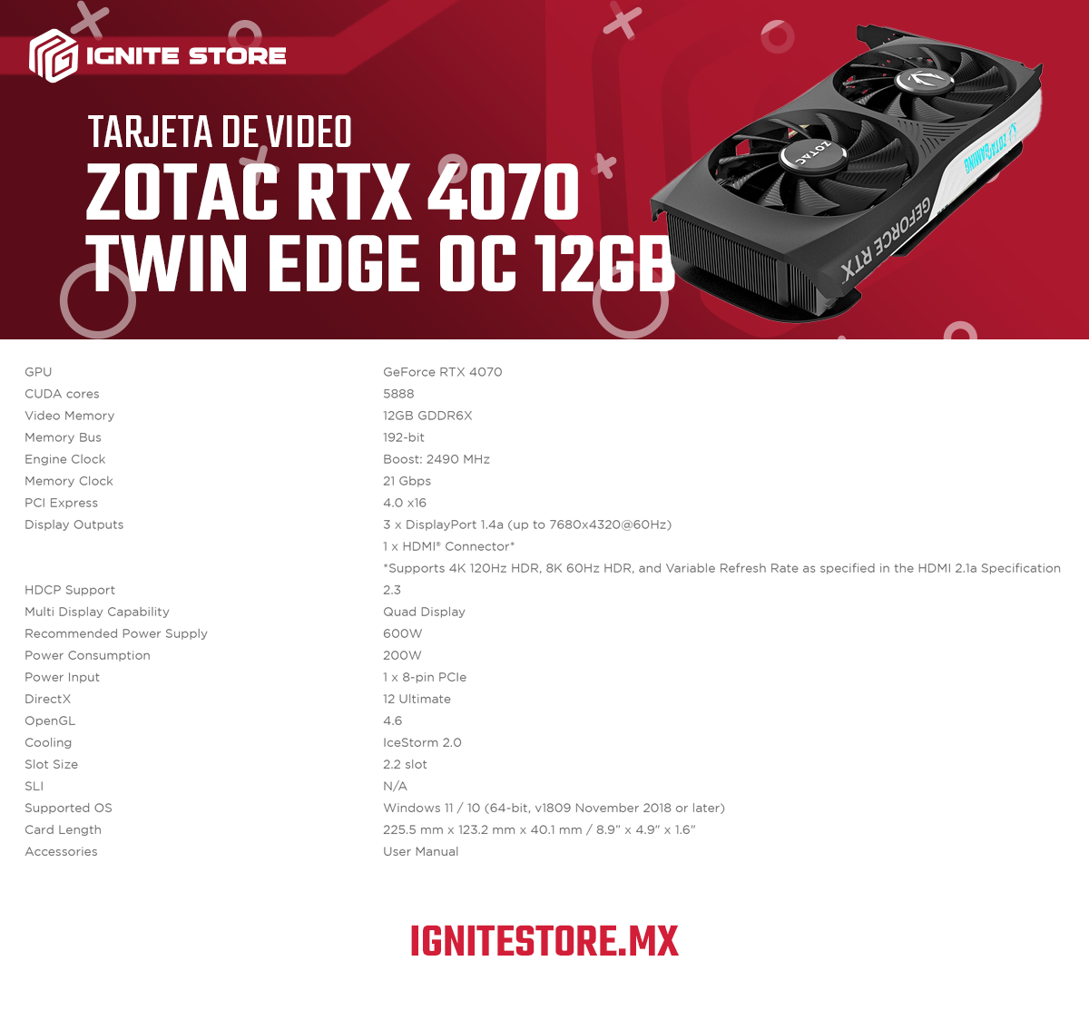 TARJETA DE VIDEO ZOTAC GAMING RTX 4070 TWIN EDGE OC 12G / HDMI DISPLAYPORT - BZT-D40700H-10M