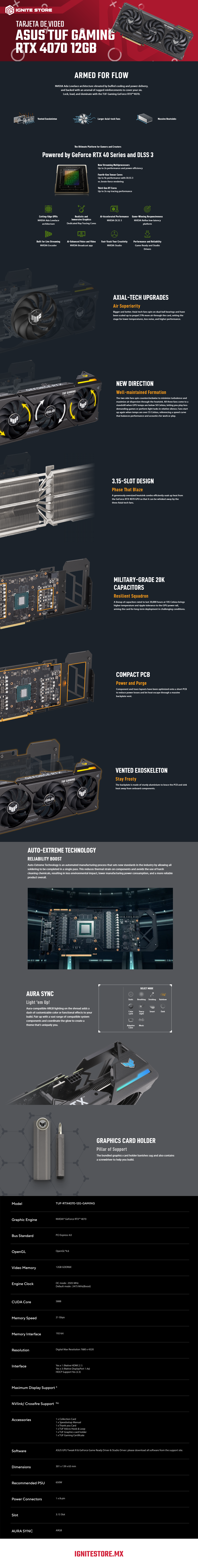 TARJETA DE VIDEO ASUS TUF GAMING RTX 4070 12GB GDDR6X CON AURA SYNC - TUF-RTX4070-12G-GAMING - 90yv0iz1'm0aa00