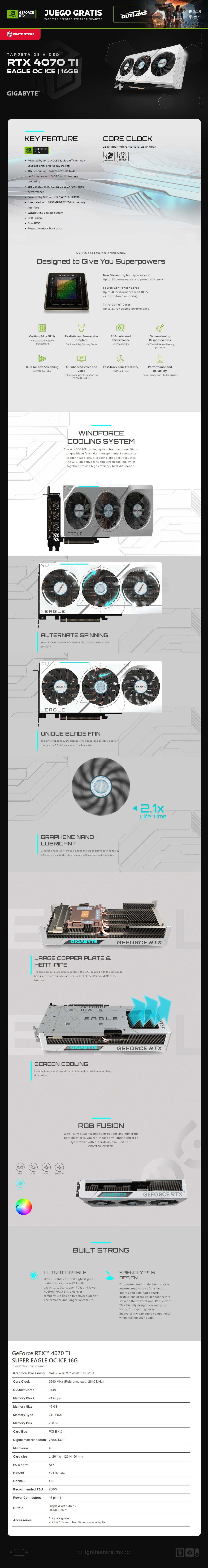 Tarjeta de Video GIGABYTE NVIDIA GeForce RTX™ 4070 SUPER EAGLE OC ICE 12G | 12GB 192-bits GDDR6X | GV-N407SEAGLEOC ICE-12GD 