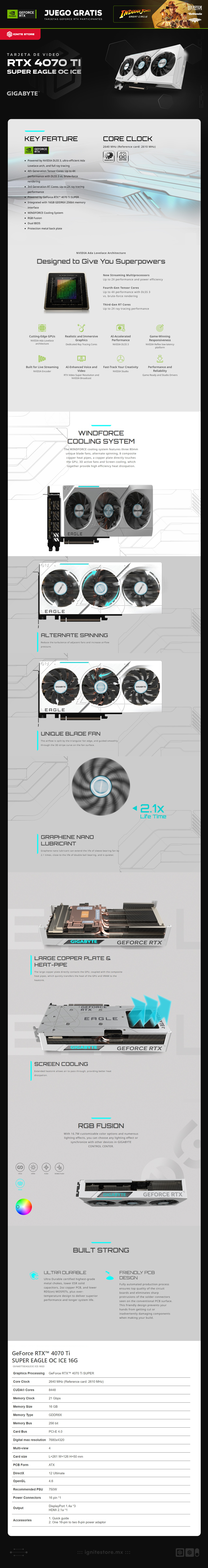 Tarjeta de Video GIGABYTE NVIDIA GeForce RTX 4070 Ti SUPER EAGLE OC ICE 16G | GDDR6X | PCI-E 4.0 | 256 bit | GV-N407TSEAGLEOC ICE-16GD