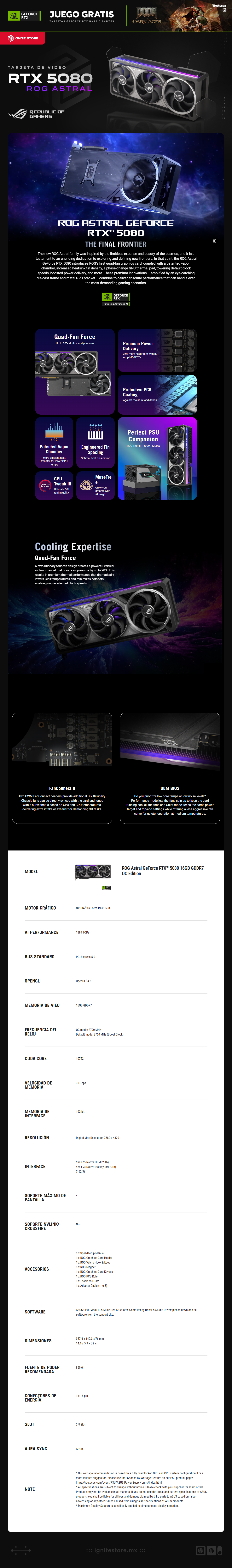 Tarjeta de Video ASUS ROG Astral GeForce RTX 5080 OC Edition | 16GB GDDR7 | PCI Express 5.0 | 192-bit | HDMI 2.1b x 2 / DisplayPort 2.1b x 3 | ROG-ASTRAL-RTX5080-O16G-GAMING |  NVIDIA Bundle: Doom: The Dark Ages Premium Edition 