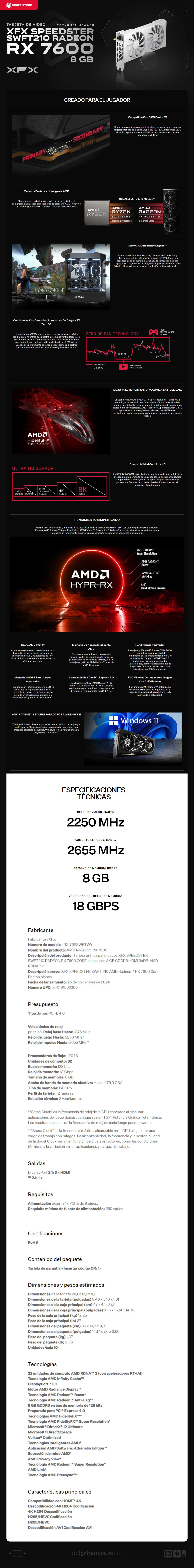 Tarjeta de Video XFX Speedster SWFT 210 AMD Radeon RX 7600 | 8 GB GDDR6 | 128bit | PCI-E 4.0 | 2 Fan | Color Blanco | RX-76PSWFTWY