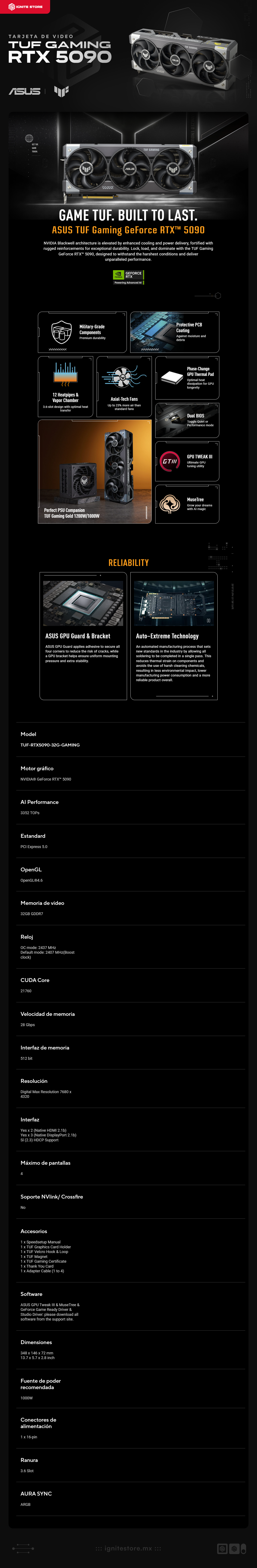 Tarjeta de Video ASUS TUF Gaming GeForce RTX 5090 | 32GB GDDR7 | PCI Express 5.0 | ARGB | Componentes de Grado Militar | TUF-RTX5090-32G-GAMING