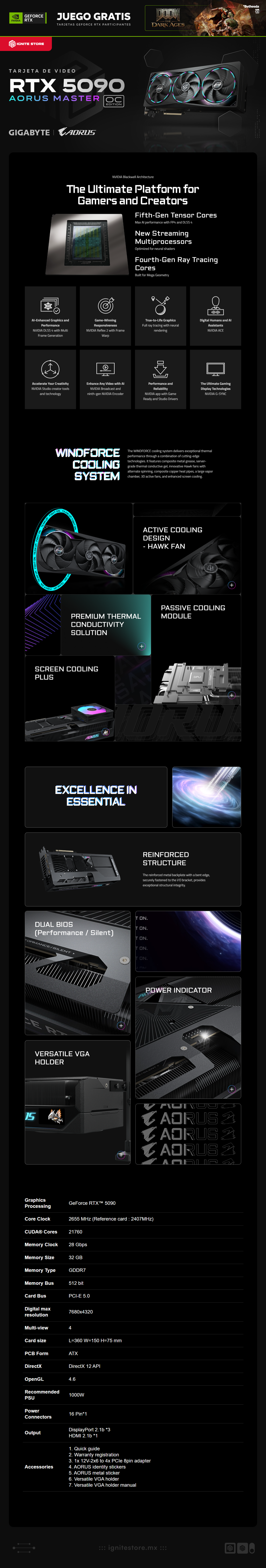 Tarjeta de Video GIGABYTE AORUS GeForce RTX 5090 MASTER | OC | 32GB GDDR7 | 512 bit | PCI-E 5.0 | DisplayPort 2.1b x3 / HDMI 2.1b x1 | GV-N5090AORUS M-32GD |  NVIDIA Bundle: Doom: The Dark Ages Premium Edition