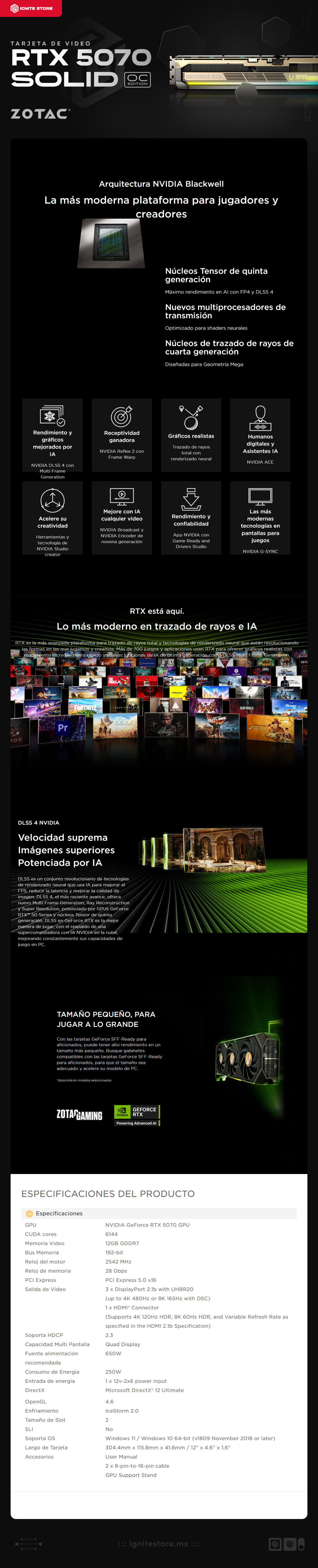 Tarjeta de Video ZOTAC GeForce RTX 5070 SOLID OC | 12GB GDDR7 | 192-bit | PCI Express 5.0 | 3 x DisplayPort 2.1b / 1 x HDMI | ZT-B50700J-10P