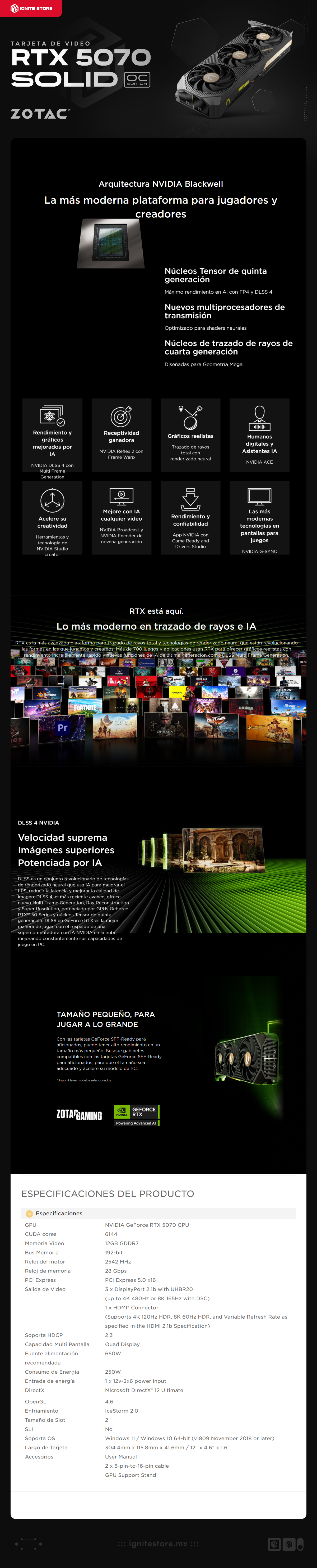 Tarjeta de Video ZOTAC GeForce RTX 5070 SOLID OC | 12GB GDDR7 | 192-bit | PCI Express 5.0 | 3 x DisplayPort 2.1b / 1 x HDMI | ZT-B50700J-10P