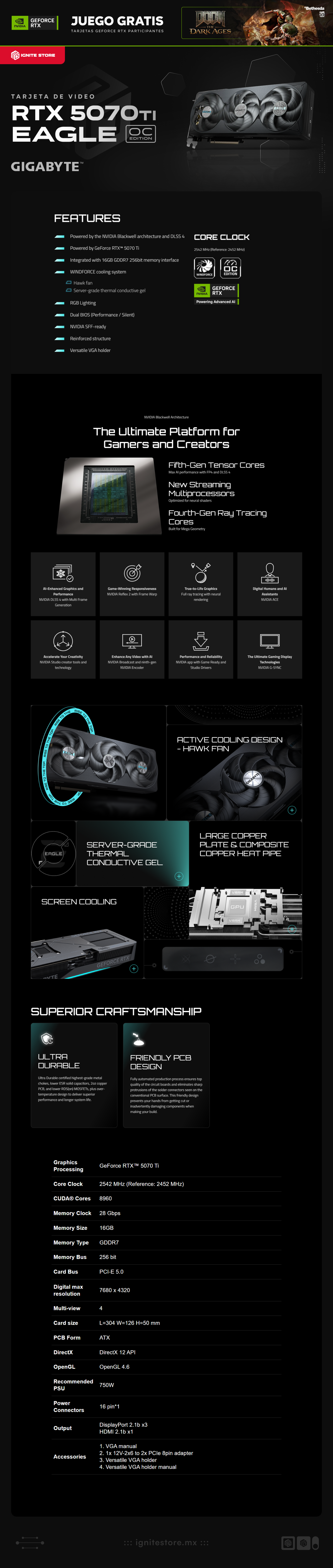 Tarjeta de Video GIGABYTE GeForce RTX 5070 Ti EAGLE OC | 16GB GDDR7 | DisplayPort x3 | HDMI | GV-N507TEAGLE OC-16GD |  NVIDIA Bundle: Doom: The Dark Ages Premium Edition 