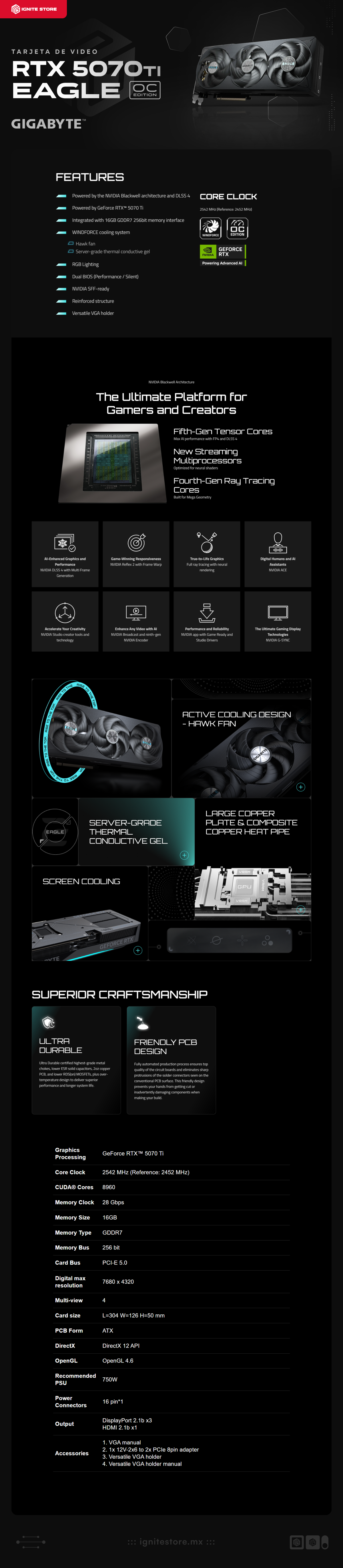 Tarjeta de Video GIGABYTE GeForce RTX 5070 Ti EAGLE OC | 16GB GDDR7 | DisplayPort x3 | HDMI | GV-N507TEAGLE OC-16GD