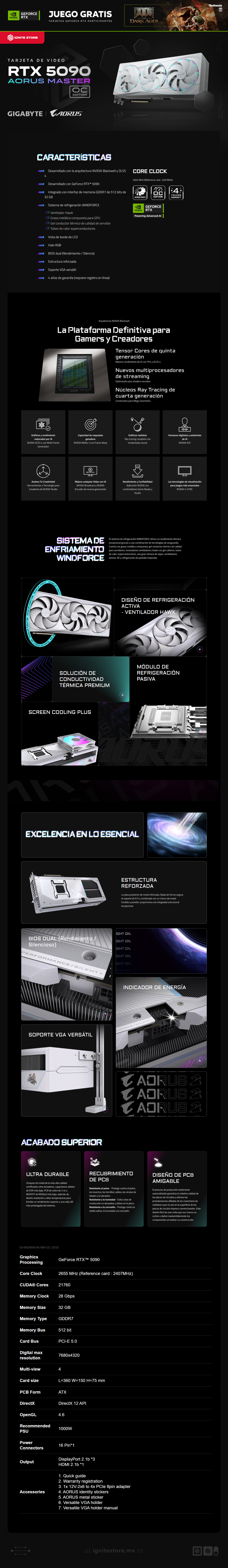 Tarjeta de Video GIGABYTE AORUS GeForce RTX 5090 MASTER ICE | 32GB GDDR7 | 512 bit | PCI-E 5.0 | DisplayPort / HDMI | GV-N5090AORUSM ICE-32GD |  NVIDIA Bundle: Doom: The Dark Ages Premium Edition 