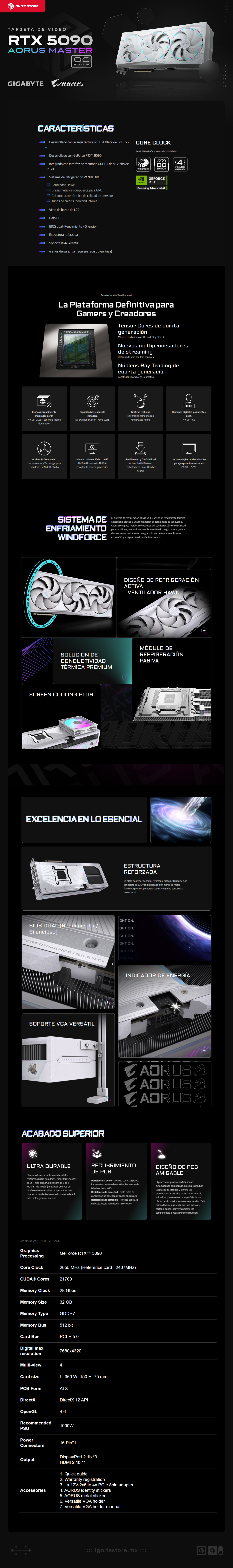 Tarjeta de Video GIGABYTE AORUS GeForce RTX 5090 MASTER ICE | 32GB GDDR7 | OC Edition | 512 bit | PCI-E 5.0 | DisplayPort / HDMI | GV-N5090AORUSM ICE-32GD 