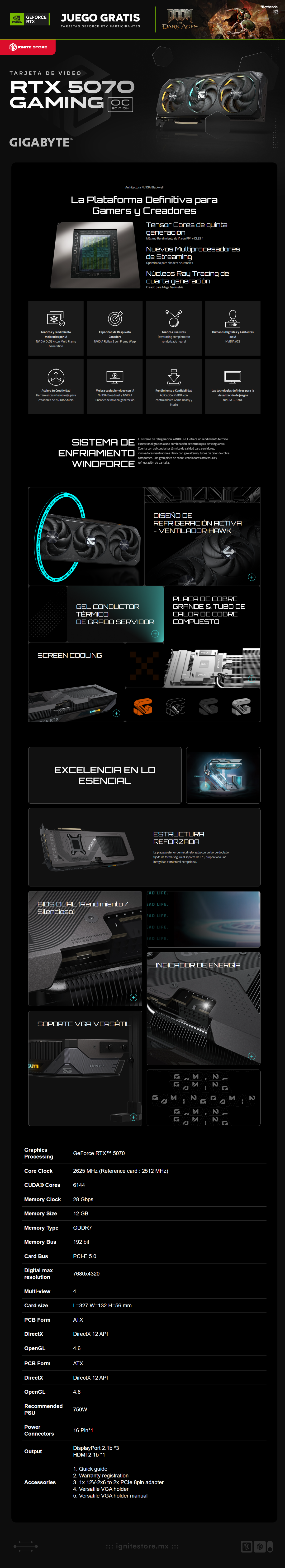 Tarjeta de Video GIGABYTE GeForce RTX 5070 Gaming OC Edition | 12GB GDDR7 | 192 bit | PCI-E 5.0 | DisplayPort / HDMI | GV-N5070GAMING OC-12GD |  NVIDIA Bundle: Doom: The Dark Ages Premium Edition