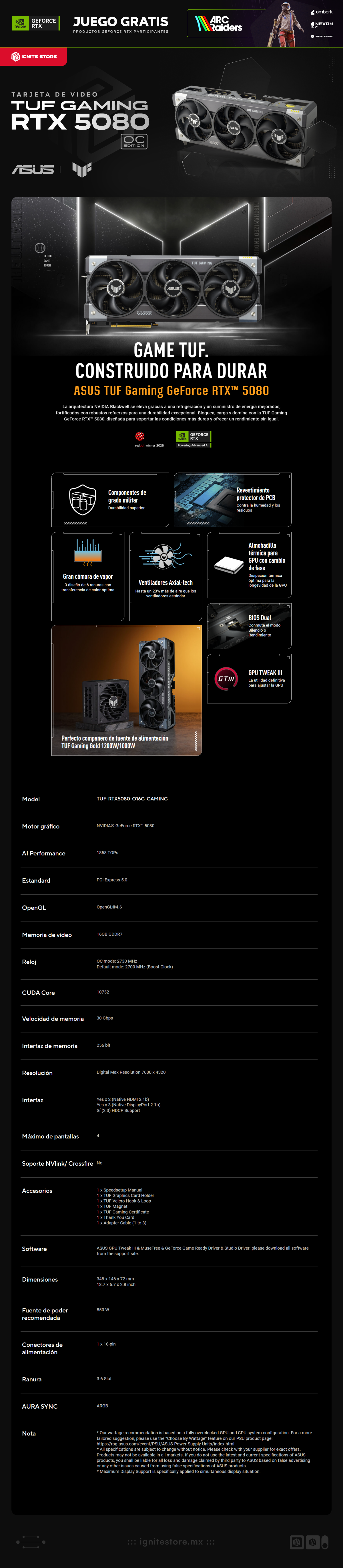 Tarjeta de Video ASUS TUF GAMING NVIDIA GeForce RTX 5080 OC Edition | 16GB GDDR7 | TUF-RTX5080-O16G-GAMING