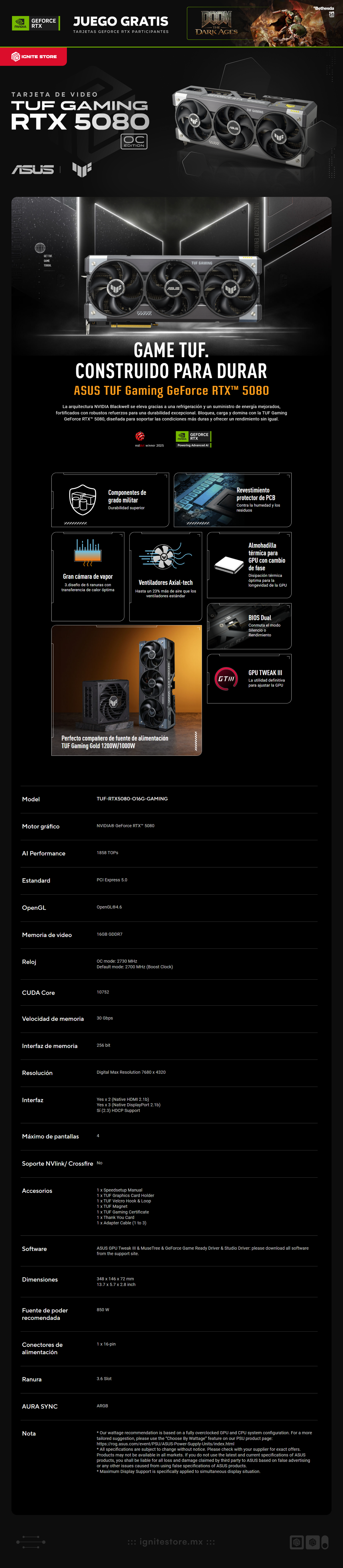 Tarjeta de video ASUS TUF GAMING NVIDIA GeForce RTX 5080 OC Edition | 16GB GDDR7 | TUF-RTX5080-O16G-GAMING | NVIDIA Bundle: Doom: The Dark Ages Premium Edition