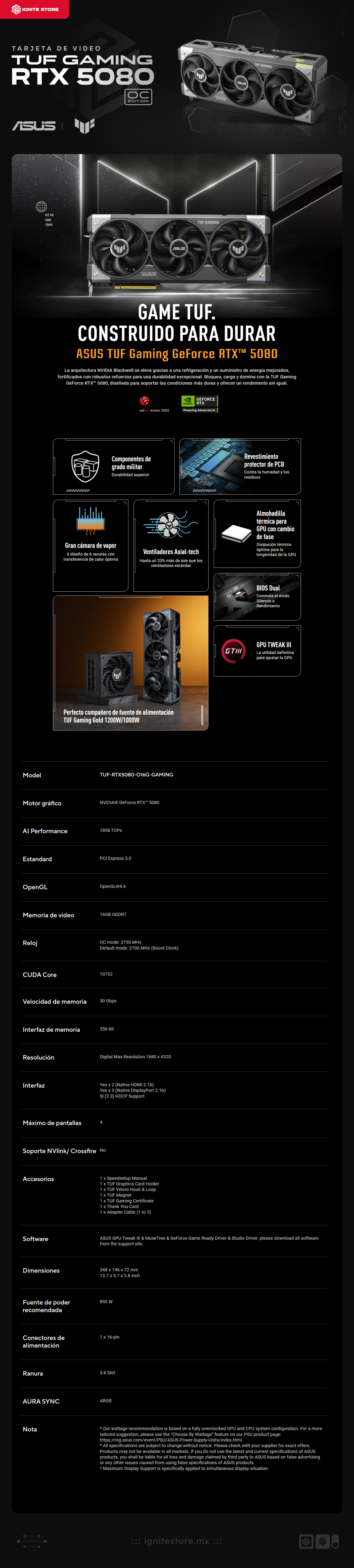 Tarjeta de video ASUS TUF GAMING NVIDIA GeForce RTX 5080 OC Edition | 16GB GDDR7 | TUF-RTX5080-O16G-GAMING