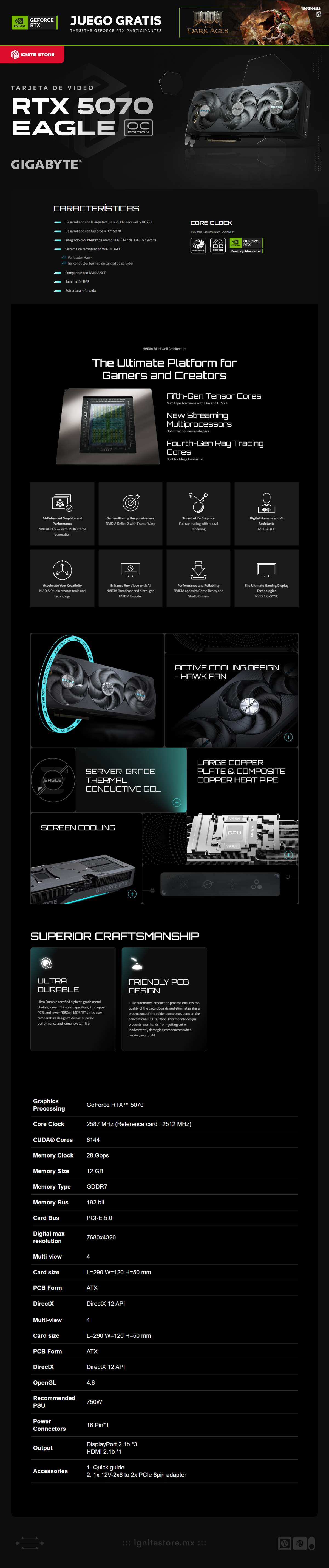 Tarjeta de Video GIGABYTE GeForce RTX 5070 EAGLE OC SFF | 12GB GDDR7 | 192 bit | PCI-E 5.0 | DisplayPort / HDMI | GV-N5070EAGLE OC-12GD | NVIDIA Bundle: Doom: The Dark Ages Premium Edition