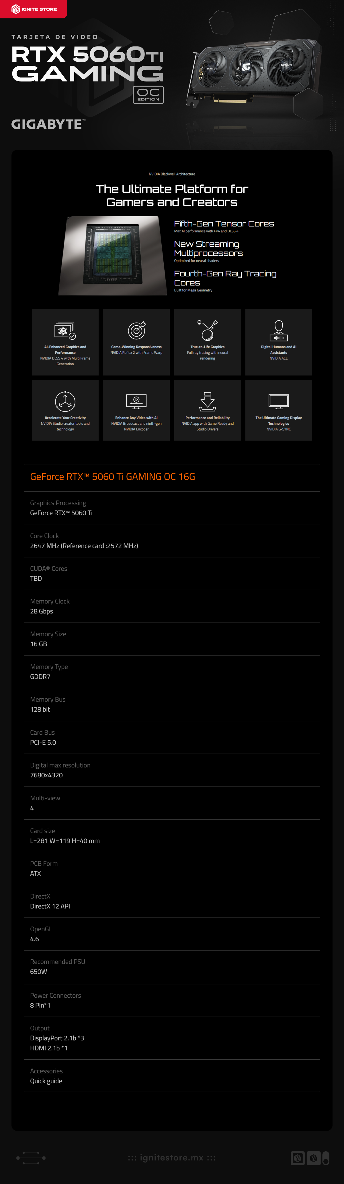 Tarjeta de Video GIGABYTE GeForce RTX 5060 Ti GAMING OC | 16GB GDDR7 | 128-bit | PCI-E 5.0 | DisplayPort / HDMI | GV-N506TGAMING OC-16G