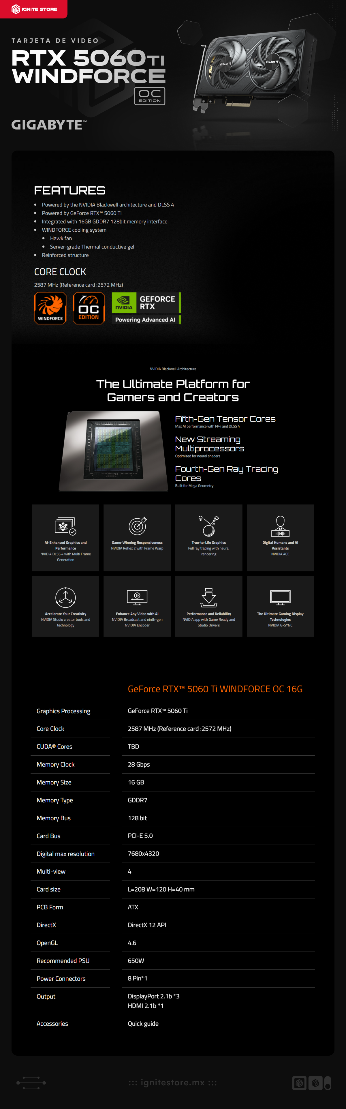 Tarjeta de Video GeForce RTX 5060 Ti WINDFORCE OC | 16GB GDDR7 | PCI-E 5.0 | 128 bit | DisplayPort x 3 / HDMI | GV-N506TWF2OC-16GD