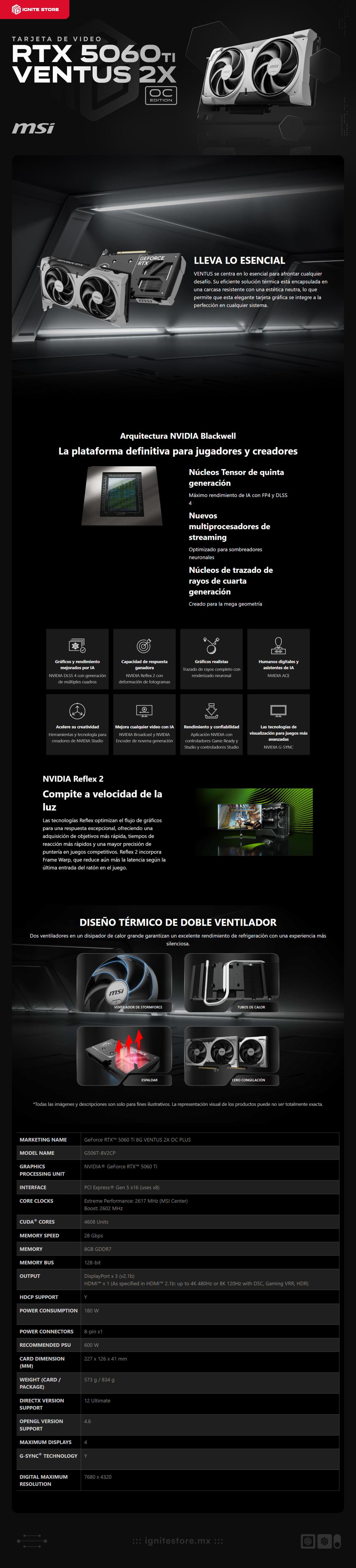 Tarjeta de Video MSI GeForce RTX 5060 Ti VENTUS 2X OC PLUS | 8GB GDDR7 | 128-bit | PCI Express Gen 5 | DisplayPort / HDMI | G506T-8V2CP