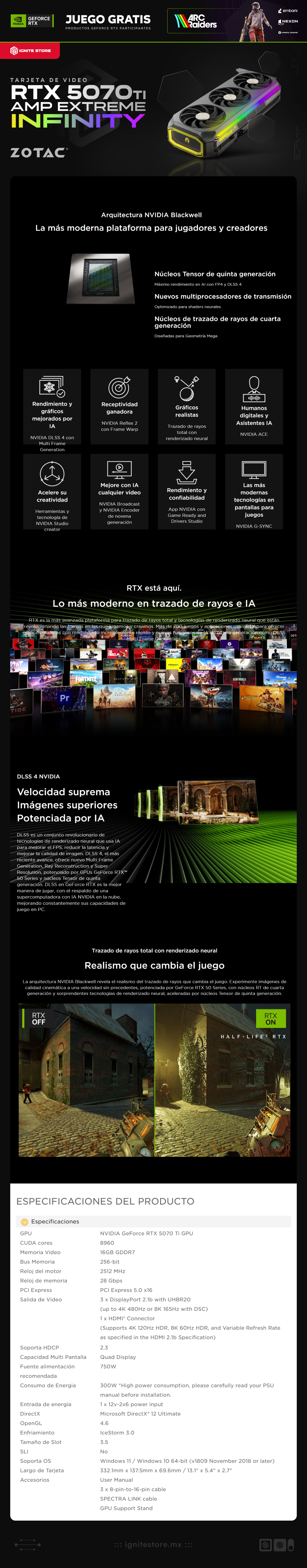 Tarjeta de Video ZOTAC GeForce RTX 5070 Ti AMP Extreme INFINITY | 16GB GDDR7 | 256-bit | PCI Express 5.0 | DisplayPort 2.1b / HDMI | ZT-B50710B-10P