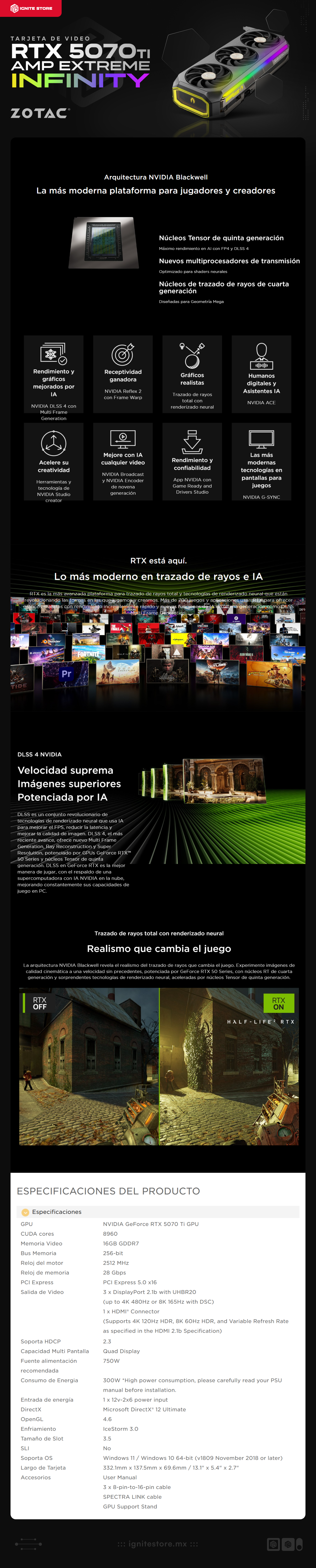 Tarjeta de Video ZOTAC GeForce RTX 5070 Ti AMP Extreme INFINITY | 16GB GDDR7 | 256-bit | PCI Express 5.0 | DisplayPort 2.1b / HDMI | ARGB | Gris | ZT-B50710B-10P