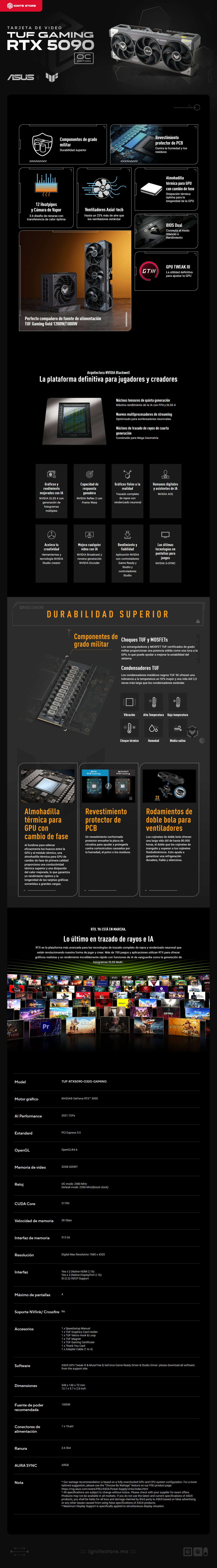 Tarjeta de Video ASUS TUF Gaming GeForce RTX 5090 OC Edition | 32 GB GDDR7 | 512-bit | PCI-E 5.0 | Componentes de Grado Militar | TUF-RTX5090-O32G-GAMING