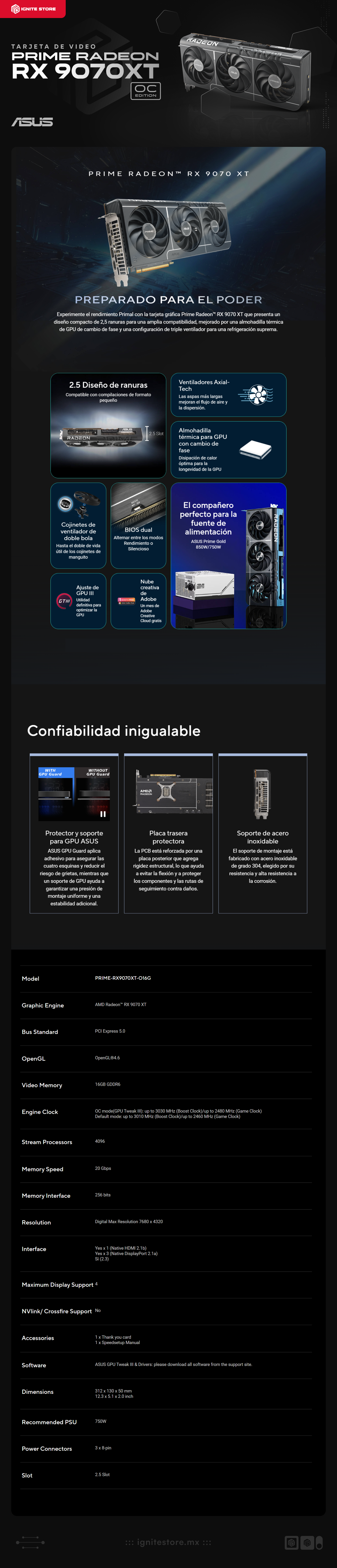 Tarjeta de Video ASUS Prime Radeon RX 9070 XT | OC Edition | 16GB GDDR6 256-bit | PCI Express 5.0 | PRIME-RX9070XT-O16G