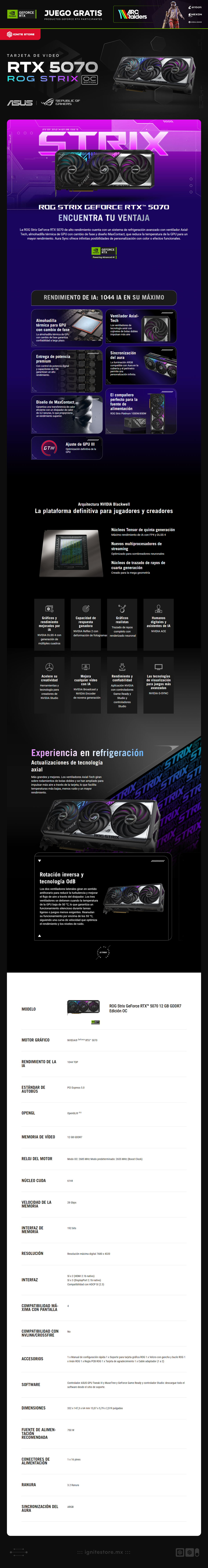 Tarjeta de Video ASUS ROG Strix GeForce RTX 5070 | OC Edition | 12GB GDDR7 |  192-bit |  PCI Express 5.0 | ROG-STRIX-RTX5070-O12G-GAMING 