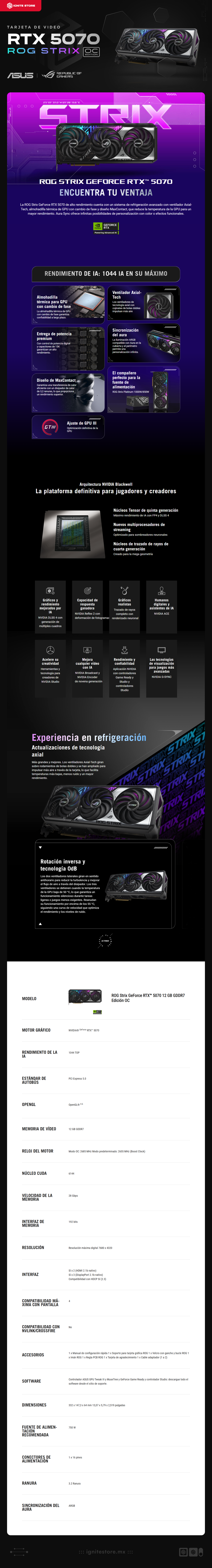 Tarjeta de Video ASUS ROG Strix GeForce RTX 5070 | OC Edition | 12GB GDDR7 | 192 Bit | PCI Express 5.0 | ARGB | Negro | ROG-STRIX-RTX5070-O12G-GAMING 