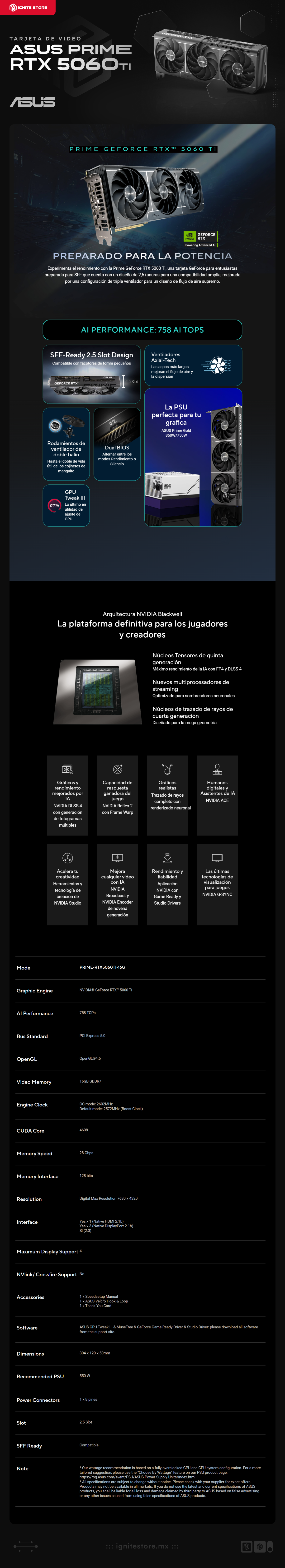 Tarjeta de Video ASUS PRIME GeForce RTX 5060 Ti | 16GB GDDR7 | 128 bits |  PCI Express 5.0 | HDMI / DisplayPort | PRIME-RTX5060TI-16G