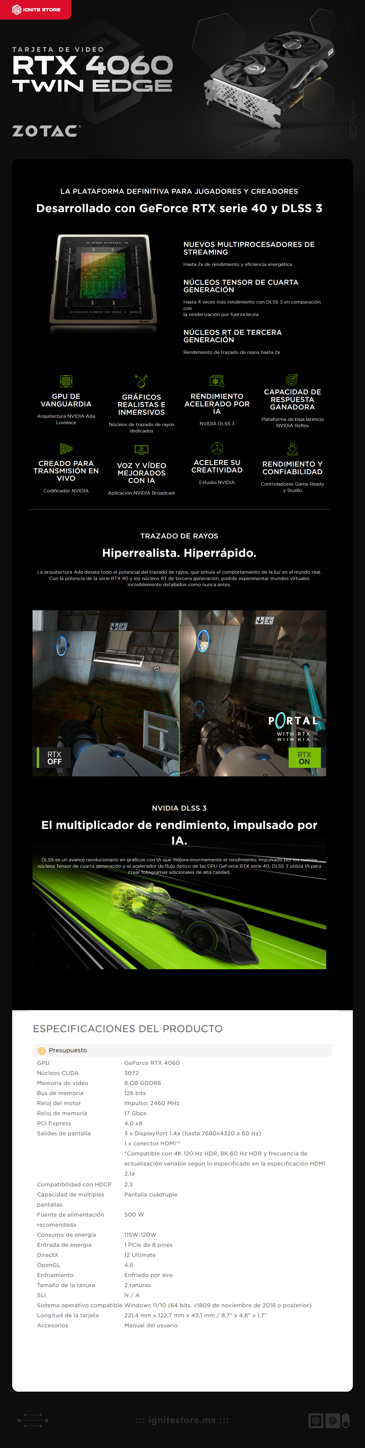 Tarjeta de Video Zotac GeForce RTX 4060 Twin Edge | 8GB GDDR6 | PCIe 4.0 | ZT-D40600E-10M