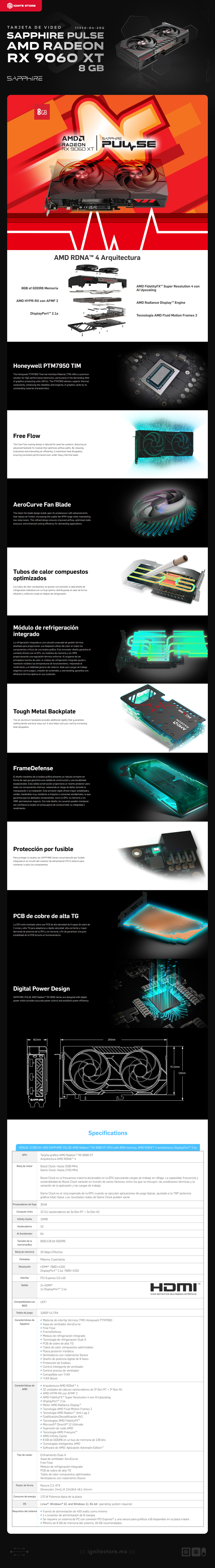 Tarjeta de Video Sapphire PULSE AMD Radeon RX 9060 XT | 8GB GDDR6 | PCI Express 5.0 | 128 Bits | 11350-04-20G