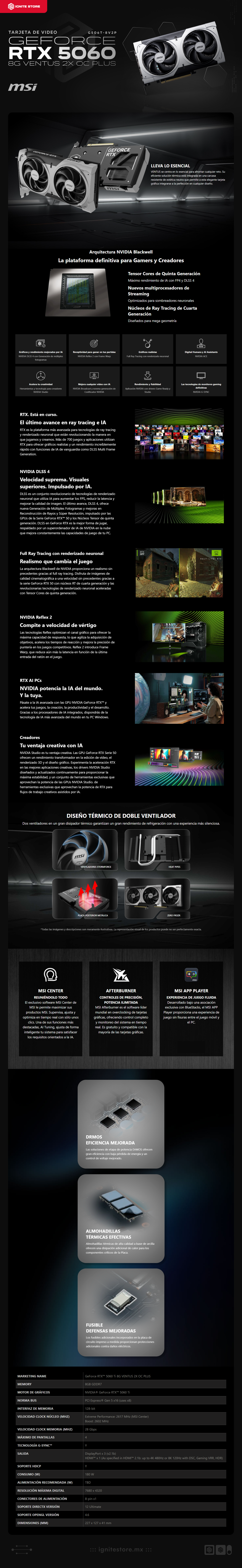 Tarjeta de Video MSI NVIDIA GeForce RTX 5060 Ti VENTUS 2X PLUS | 8GB GDDR7 | PCI Express 5.0 | 128 Bits | G506T-8V2P