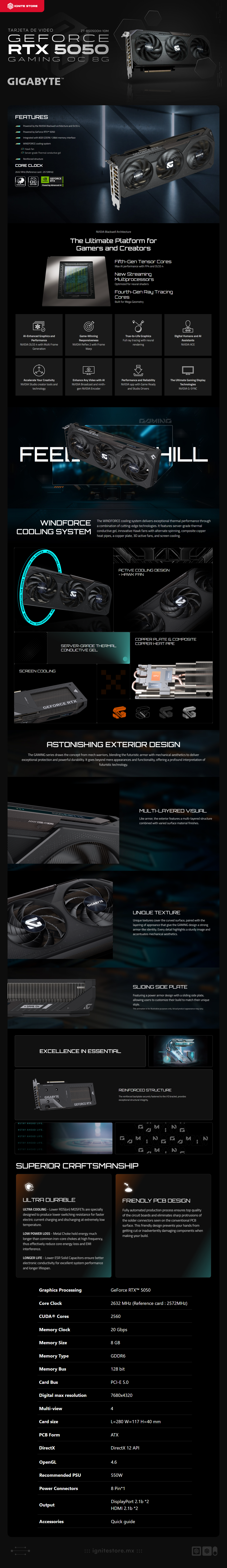 Tarjeta de Video GIGABYTE GeForce RTX 5050 GAMING OC 8G | 8GB GDDR6 | PCI Express 5.0 | 128 Bits | GV-N5050GAMING OC-8GD