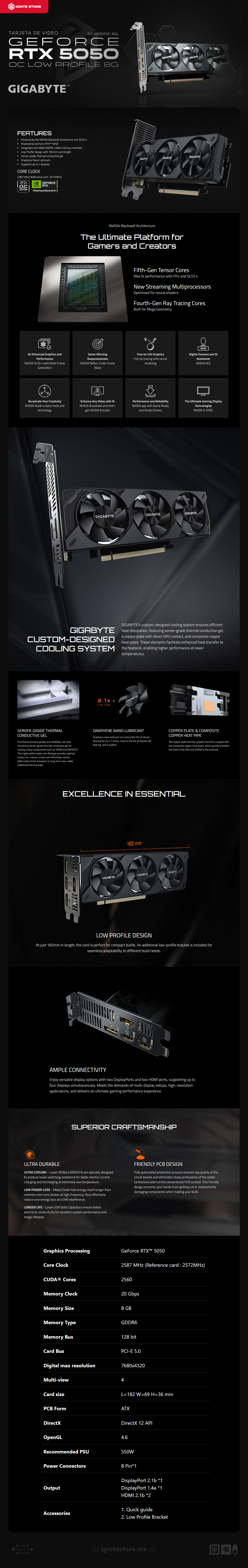 Tarjeta de Video GIGABYTE GeForce RTX 5050 OC Low Profile 8G | 8GB GDDR6 | PCI Express 5.0 | 128 Bits | GV-N5050OC-8GL
