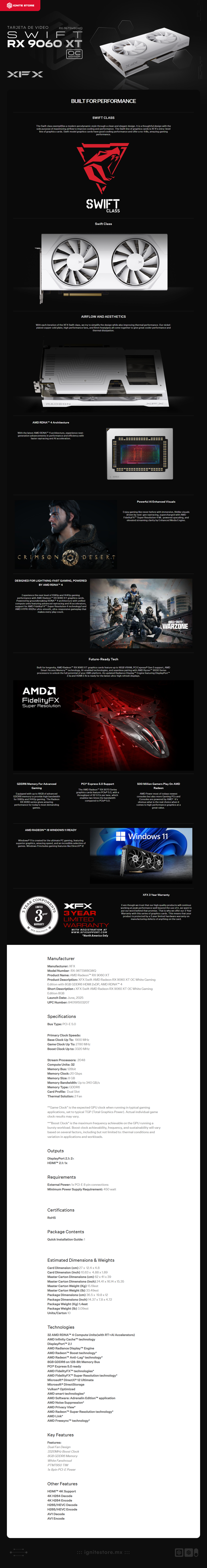 Tarjeta de Video XFX Swift AMD Radeon RX 9060 XT OC White Gaming Edition 8GB | 8GB GDDR6 | PCI Express 5.0 | 128 Bits | Blanco | RX-96TSW8GWQ