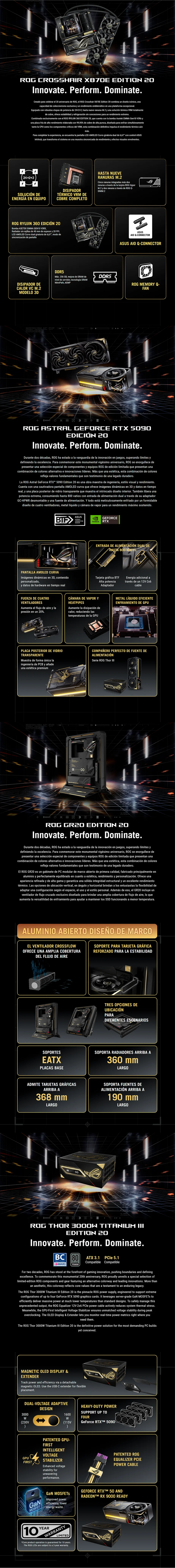 Bundle PC Gaming ASUS ROG 20th Anniversary | Tarjeta Madre ROG Crosshair X870E Edition 20 | Enfriamiento Líquido AIO ROG | GeForce RTX 5090 Astral 20th Anniversary | Gabinete ROG GR20 Edition 20 | Fuente de Poder ROG Thor 3000W Titanium III 