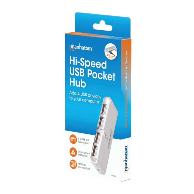 HUB USB de Bolsillo Manhattan 160599 | Alta Velocidad | 4 Puertos USB-A | USB 2.0 | Plateado | 160599