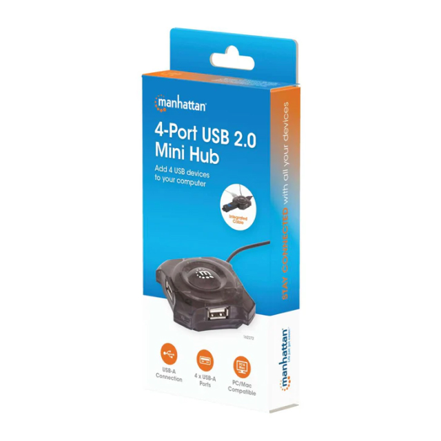 Mini HUB USB Manhattan 162272 | 4 Puertos USB-A | USB 2.0 | Negro | 162272