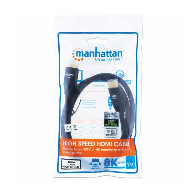 Cable HDMI Manhattan 355933 | HDMI a HDMI | 8K / 4K | 60Hz / 120Hz | Transmisión de Alta Velocidad 48 Gbps | Certificado Ultra High Speed | Ethernet | 1 m | Negro | 355933
